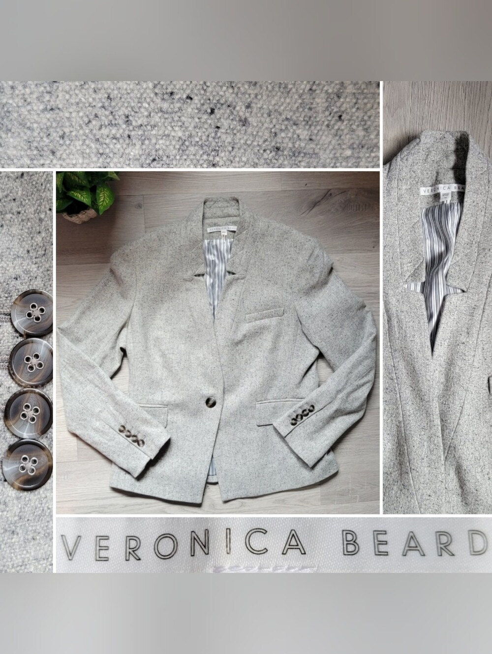 Veronica Beard Farley Marled Grey Wool Blend Notched Lapel Dickey Blazer, 14